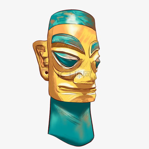  手绘插画考古文物四川三星堆青铜黄金面具素材图片免费下载千库网