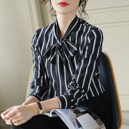  施悦名黑白竖条纹衬衫女2020春季新款时尚长袖百搭短款雪纺飘带衬衣女装a