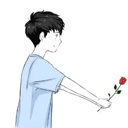  情侣头像男生拿着一枝花女生捂着嘴衣服都是有颜色的不是黑白的