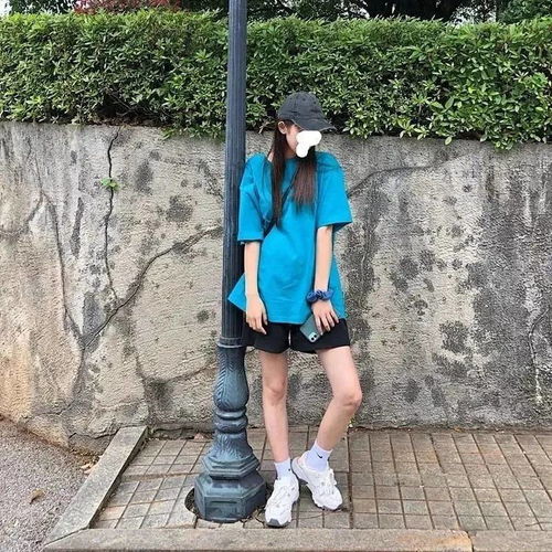  纯棉ins网红雾霾蓝色短袖t恤女夏韩版原宿港风学生宽松打底衫上衣
