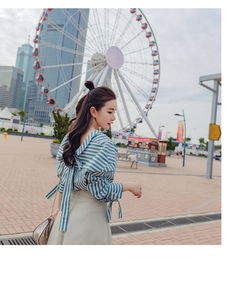  甜美蝴蝶结气质时尚长袖条纹甜美淑女简约韩版优雅2018年春夏季