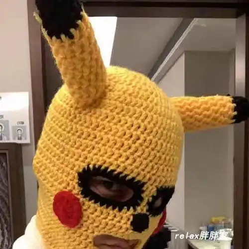  尹正同款皮卡丘沙雕头套抖音可爱个性化手工针织毛线帽子男女礼物