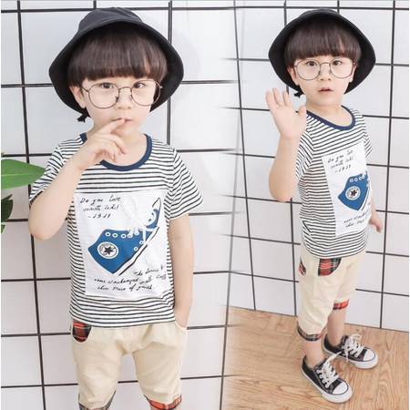  童套装2019夏季新款韩版男女童中小童时尚短袖鞋子条纹两件套