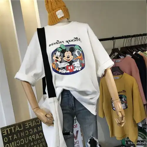  米奇新款打底衫t恤女短袖夏装新款印花百搭宽松打底衫白色衣服