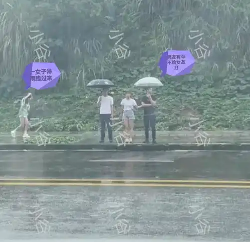  女子追着男子帮忙打伞,男子无动于衷,旁边淋雨女子笑出猪叫声